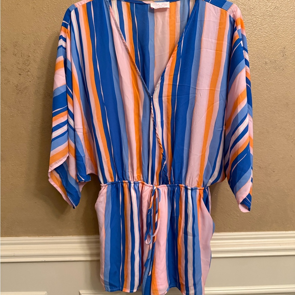 Pink Lily Orange and Blue Patterned Romper